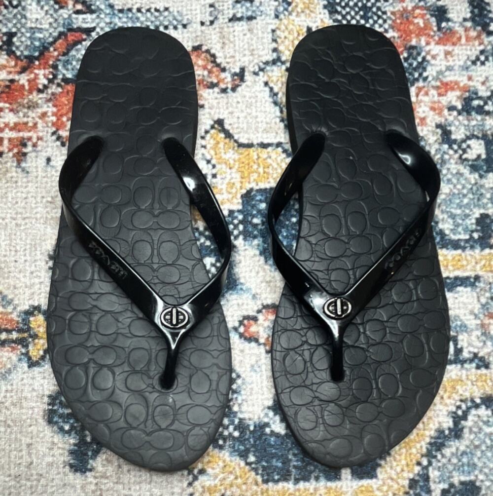 COACH Abbigail Black Signature Monogram Flip Flops Thong Sandals Turnlock Sz 8